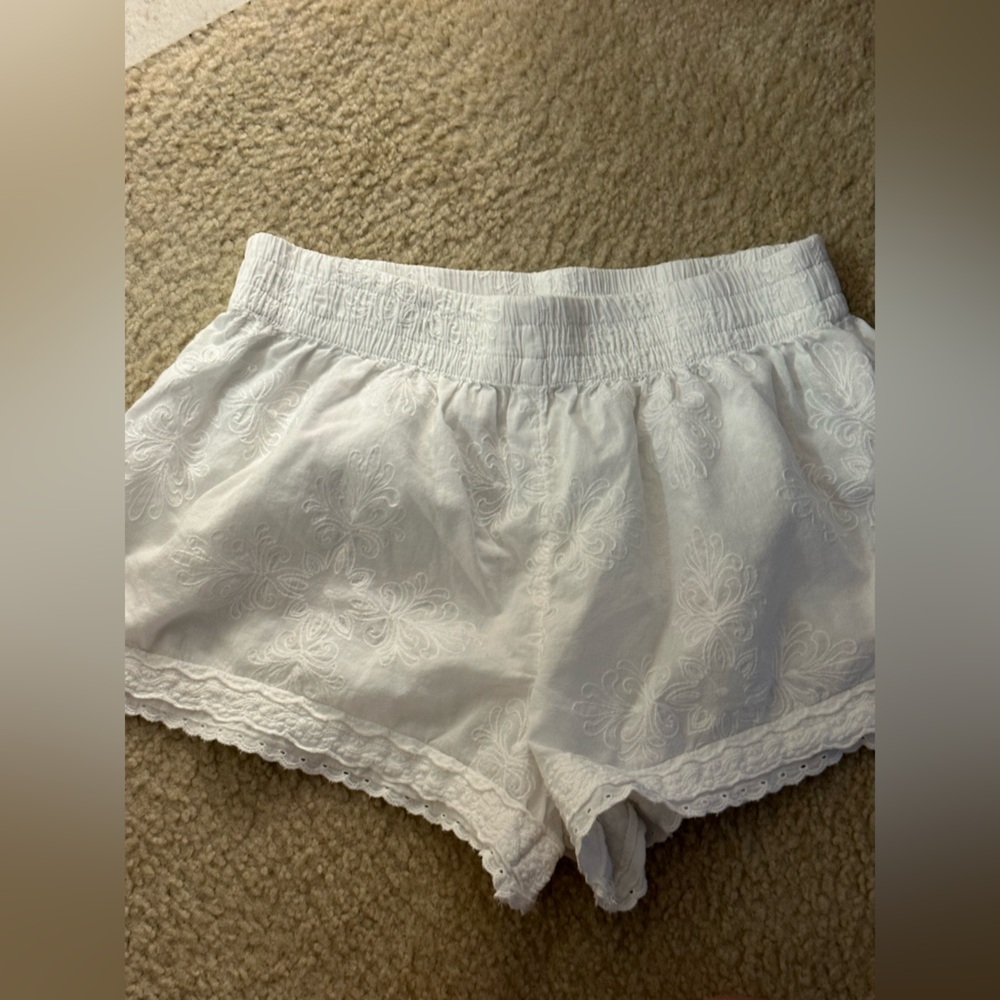 Shabby Chic White Embroidered Cotton Lounge Shorts Women’s Size Large